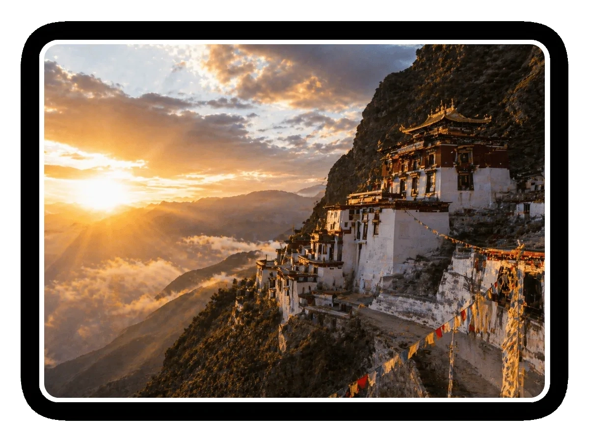 Himalayan monastery at sunset, home to the monks who guard the Lapis Lazuli mala tradition
