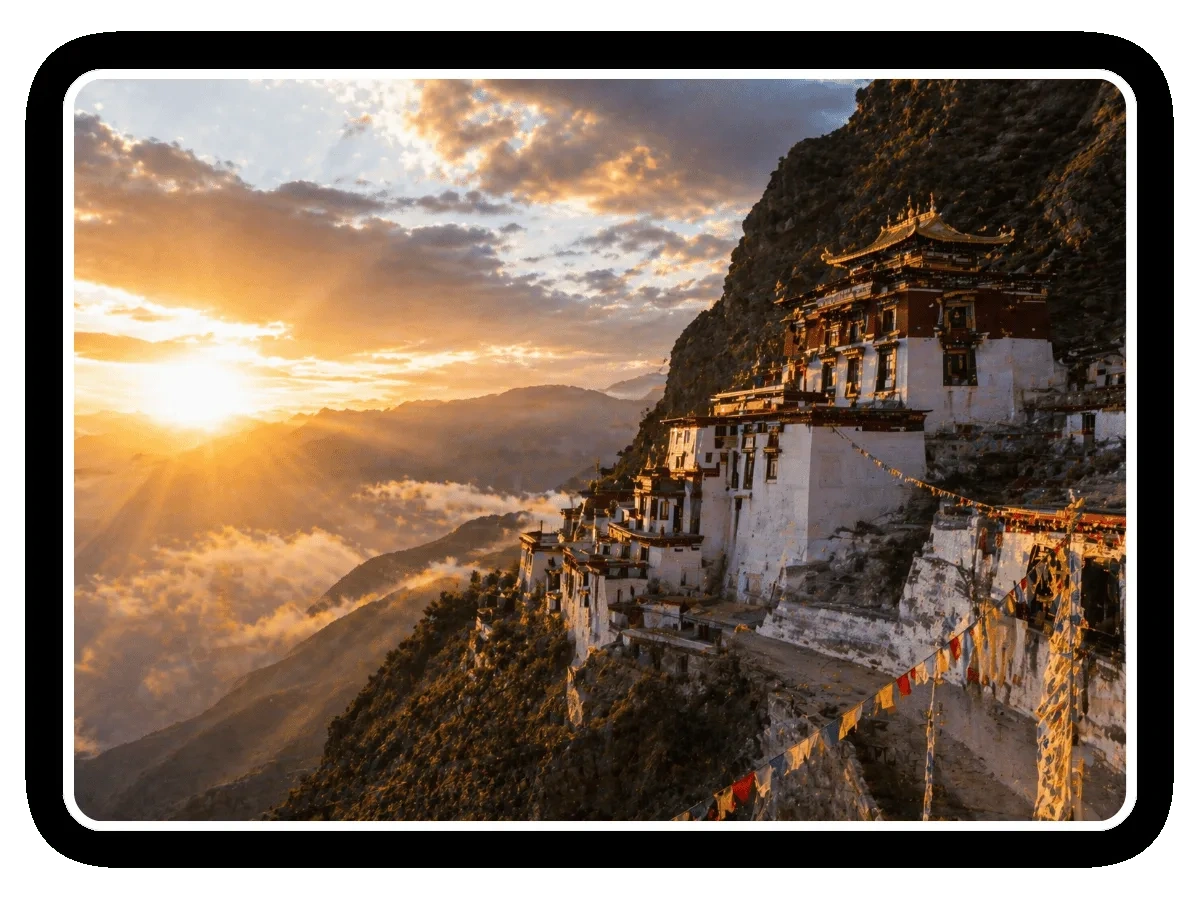 Himalayan monastery at sunrise, source of the Lapis Lazuli mala tradition