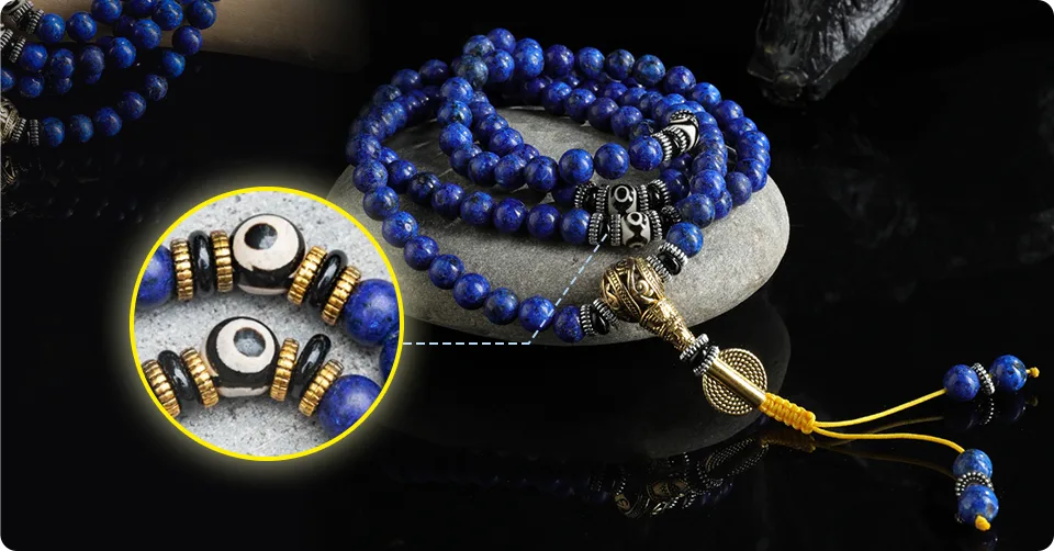 Lapis Lazuli mala bracelet with 108 hand-knotted beads and a gold tassel