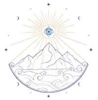 Illustration of a radiant third eye above Himalayan mountains