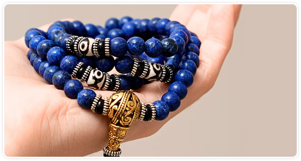 Lapis Lazuli mala bracelet wrapped around a wrist